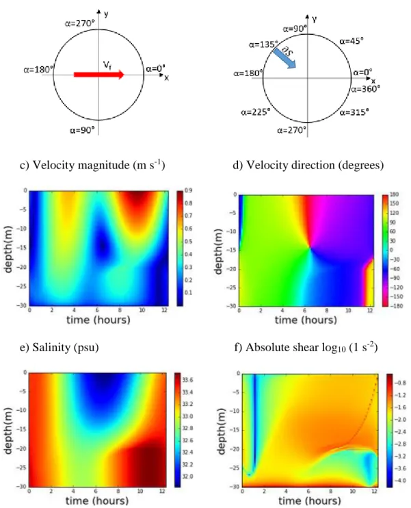 Figure 14.  a) Tidal  forcing velocity;  b)  Density salinity  gradient direction;  c) Velocity  magnitude  (m  s -1 );  d) Velocity direction  (degrees); e)  Salinity  (psu);  f)  Absolute shear  log 10   (m  s -1 )