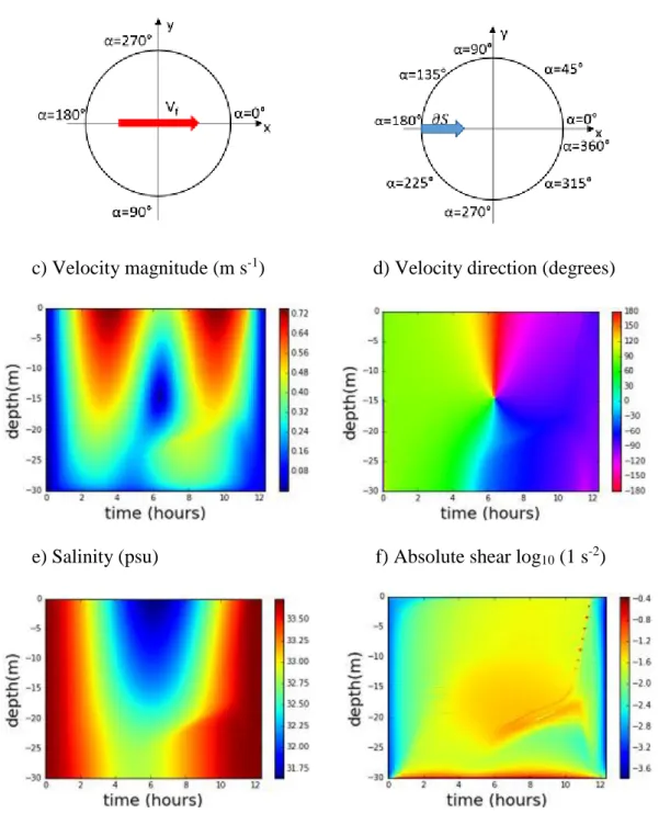 Figure  15.  a) Tidal  forcing velocity;  b)  Density salinity  gradient direction;  c) Velocity  magnitude  (m  s -1 );  d) Velocity direction (degrees); e)  Salinity  (psu);  f)  Absolute shear  log 10   (m  s -1 )
