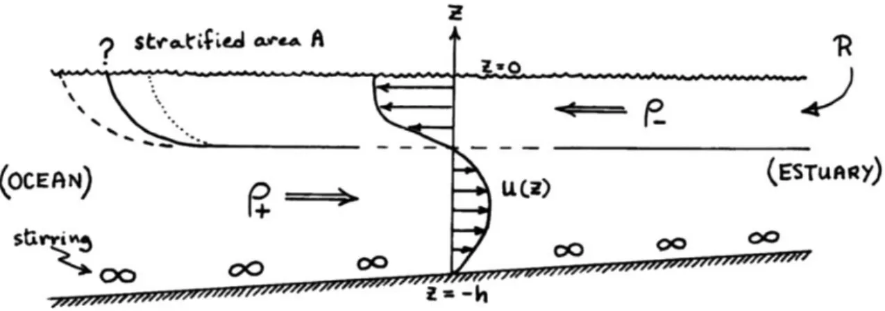 Fig.  1.  Schematic  of  a  stratified  region  maintained  by  freshwater  input  in  competition  with  bottom  stirring
