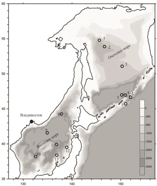 Fig. Schematic  map of actual material. Circles show location of regions  with ferromanganese  mineralization