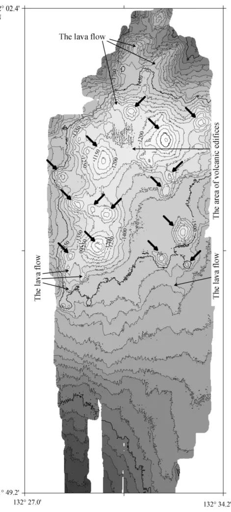 Fig. Bathymetric map of the eastern part of the Pervenets Rise. The arrows indicate location the Late Neogene  (?) volcanic edifice