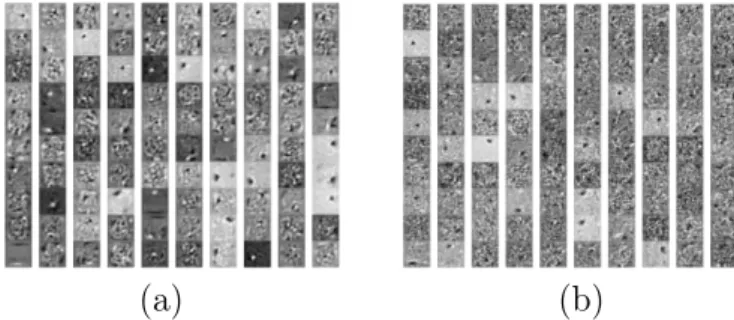 Figure 2: Visualization of weight due to the number of neurons. (a) 100. (b) 600.