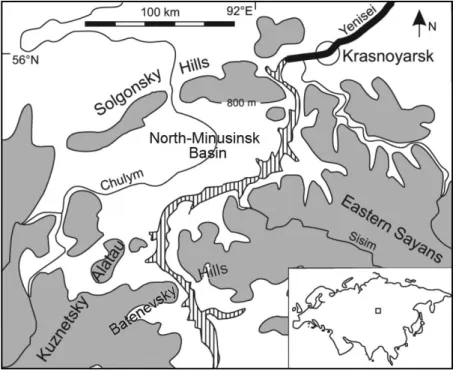 Fig. 1. North-Minusinsk basin in the map of Eurasia