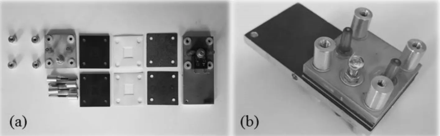 Figure 2. Experimental sample of a hydrogen-bromate redox flow battery membrane-electrode  assembly: (a) disassemled and (b) assembled