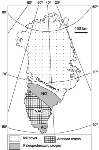 Fig. 8. Distribution of the Archean North Atlantic Craton and Paleoproterozoic Nagssugtoqidian and Ketilidian Orogens