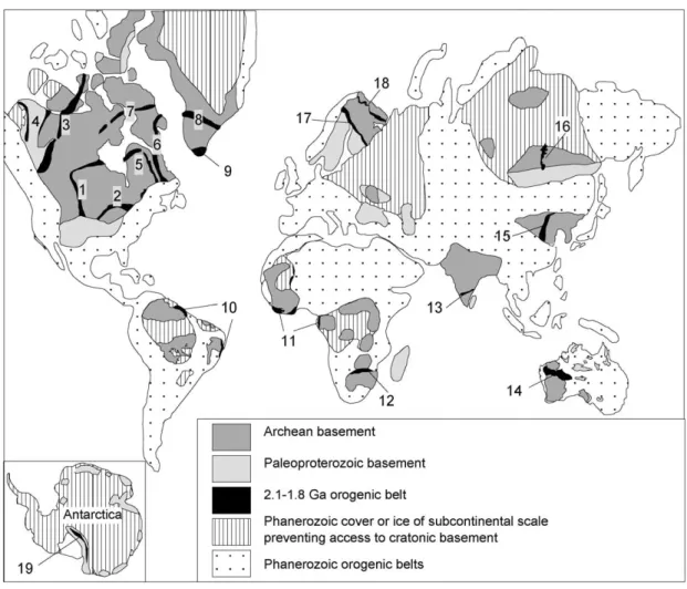 Fig. 2. Spatial distribution of 2.1 – 1.8 Ga orogens and associated Archean cratons. 1—Trans-Hudson Orogen; 2—Penokean Orogen; 3—