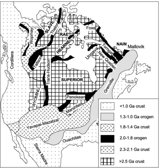 Fig. 7. Schematic tectonic map of North America (after Hoffman, 1988, 1989b).