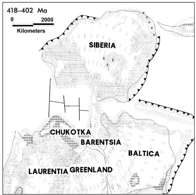 Fig. 8. Paleoenvironment and lithofacies of the major Arctic plates during Tippecanoe IV – Lochkovian (Middle Pridolian – Middle Pragian) 418 – 402 Ma.