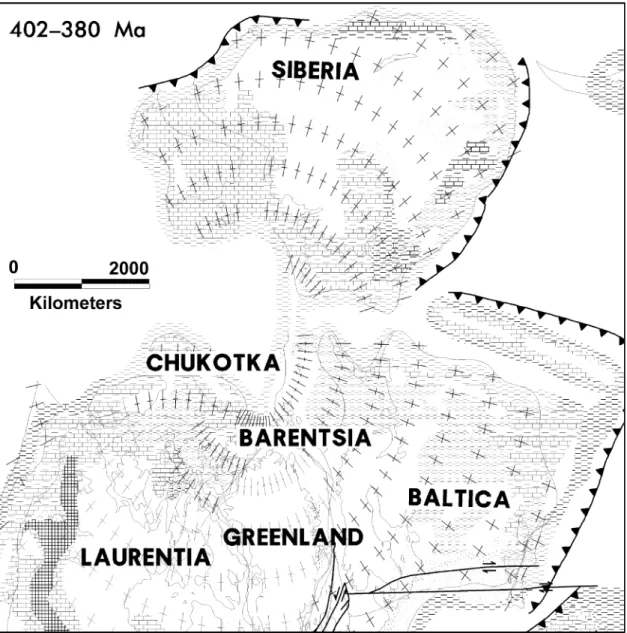 Fig. 9. Paleoenvironment and lithofacies of the major Arctic plates during Kaskaskia I – Emsian (upper Pragian – Eifelian) 402 – 380 Ma
