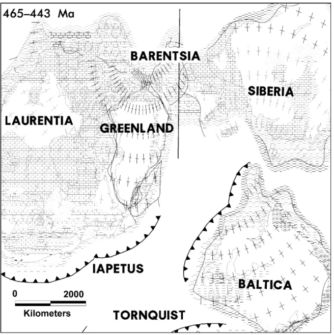 Fig. 5. Paleoenvironment and lithofacies of the major Arctic plates during Tippecanoe I – Caradocian (Middle Ordovician– Caradocian) 465 – 443 Ma.