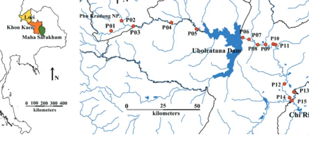 Figure 1. Map showing 15 sampling sites along the Pong River (Modified from: Hijmans R, Guarino L, Mathur P, 2012).
