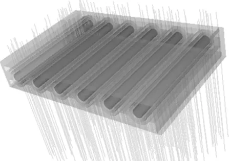 Fig. 2. Visualization of neutron monitor model with a graphic system FreeWRL. In the figure the neutron monitor 6- 6-NM-64 is placed in a particles beam with random incident positions (particles fall on the monitor from above)