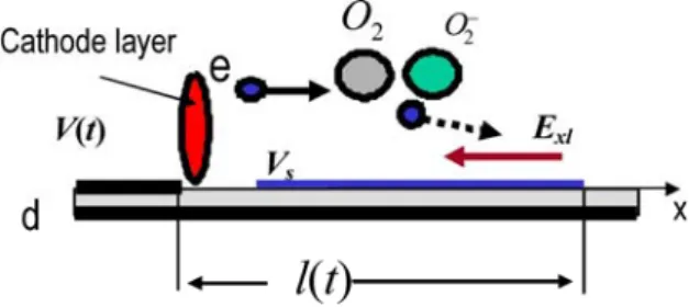 Fig. 9.  The scheme of negative ion production and  drifting along the surface charge layer