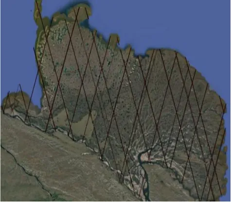 Figure 2.2. Image map (Google Maps) over the Lena Delta with ICESat/GLAS tracks 