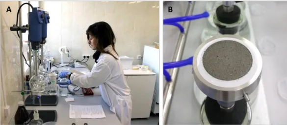 Figure  6.  (A)  Sample  processing  in  analytical  lab  of  Russian  Research  Center  in  Barentsburg;  (B)  Particulate matter on the membrane filter after filtration of sample meltwater, power plant site
