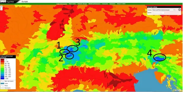 Figure 9.  Basins with the highest total runoff from land (mm/year) (data provided  by hypeweb.smhi.se) 