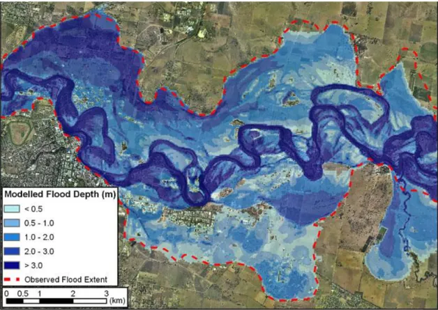 Figure 1. Post event comparison of flood extent modelled (predicted) by a floodplain  hydraulic model (blue) and measured flood event (redline) in Wagga Wagga, NSW, 1974