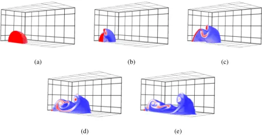 Figure 1: Rendering of a fluid component inside a bubble at different time moments: (a) t = 0.0, (b) t = 1.0, (c) t = 2.0 (d) t = 3.0, (e) t = 4.0; grid size is 600 ⇥ 300 ⇥ 300