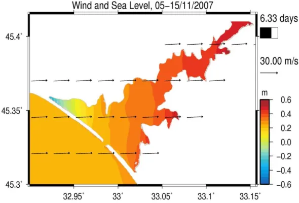 Fig. 11. Wind and sea level field in Donuzlav Bay corresponding to 08:00 on November 11, 2007 
