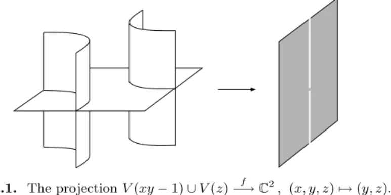 Fig. 1.1. The projection V (xy − 1) ∪ V (z) −→ f C 2 , (x, y, z) → (y, z).