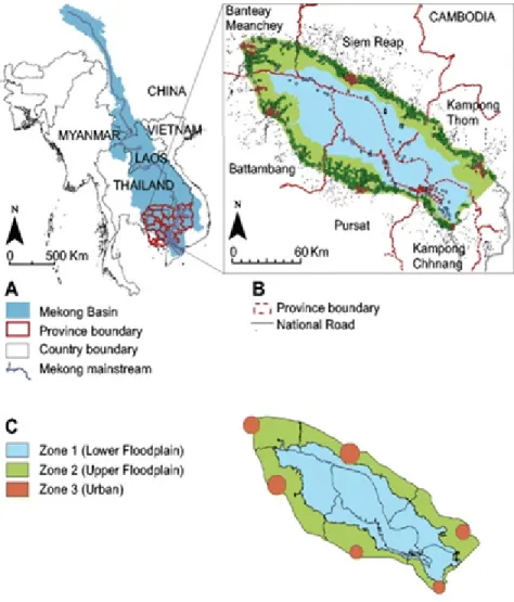 Figure 4:  Maps of Mekong Basin and Tonle Sap Floodplain