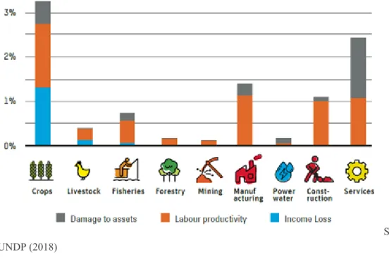Figure 11:  Expected Economic Impacts of Climate Change in Cambodia by Sector and Type of Impact  (% decrement in GDP by 2050)