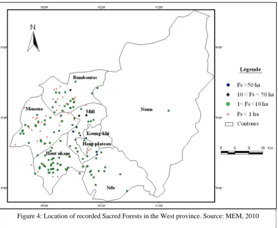 Figure 4: Location of recorded Sacred Forests in the West province. Source: MEM, 2010