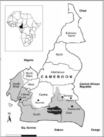 Figure 1. Cameroon and its 10 regions. The approximate  spatial extent of the actual forest area is shaded in light grey