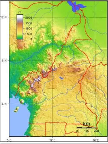 Figure 2. Topography of Cameroon. The Western Highland  region represents the land above 1000 m elevation in white,  purple and dark brown colouring