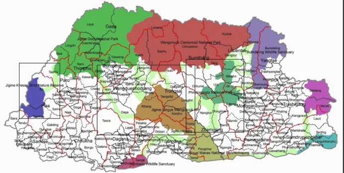 Figure 2. Locations of the project landscapes (boxes) superimposed over the PA and BC network  The three landscapes 8  identified by the names of the protected areas and biological corridors (Figs