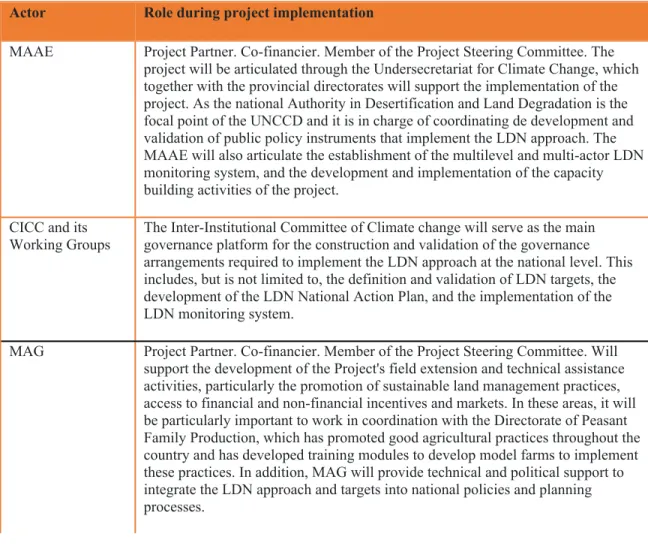Table 4 - Matrix of actors and their roles in project implementation Actor Role during project implementation