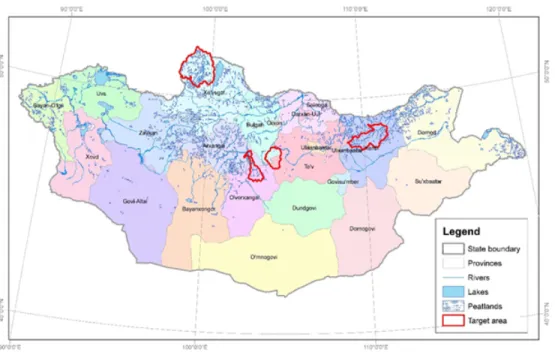 Figure 5  Location of the four target areas: 1. Darhadyn depression, 2. Hurg-Huiten, 3