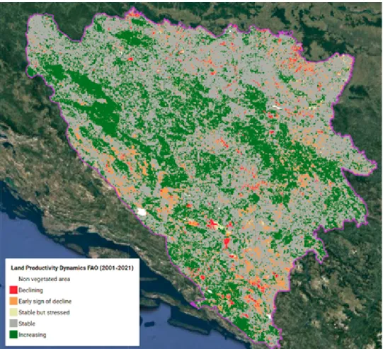 Figure 2: Land Productivity Dynamics (LPD) Map calculated using MODIS NDVI time series from  2001 to 2021 (Method from FAO published in https://doi.org/10.4060/cb7986en)
