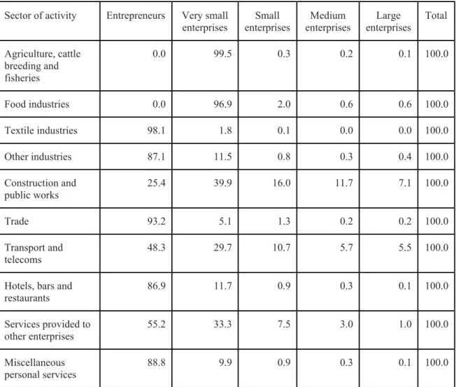 Table 4: Concentration (%) of enterprises by size per sector of activity[31] 21 Sector of activity Entrepreneurs Very small 