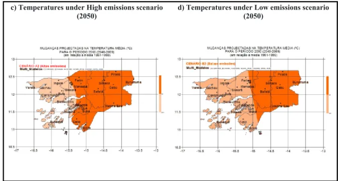 Figure  2  :  Projected  average  annual  temperatures  (?C)  for  2020  and  2050,  downscaled  from  multimodels