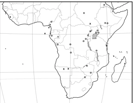 Fig. 25. Sub-Saharan Africa. Distribution of Meliponula beccarii (x), M. ogouensis (o) and M