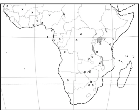 Fig. 42. Sub-Saharan Africa. Distribution of Hypotrigona araujo (o) and H. penna (x).