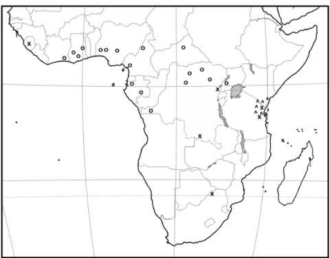 Fig. 9. Sub-Saharan Africa. Distribution of Cleptotrigona cubiceps (x), Dactylurina staudingeri (o) and D