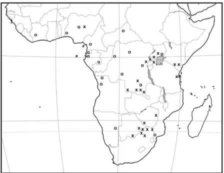 Fig. 18. Sub-Saharan Africa. Distribution of Plebeina hildebrandti (x) and Meliponula bocandei (o).