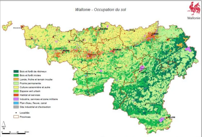 Figure 6 : Carte d'occupation du sol en Wallonie en 2008 (SPW-Secrétariat général/Département de  la Géomatique et DGO3 / DEMNA / Cellule SIG, 2013) 