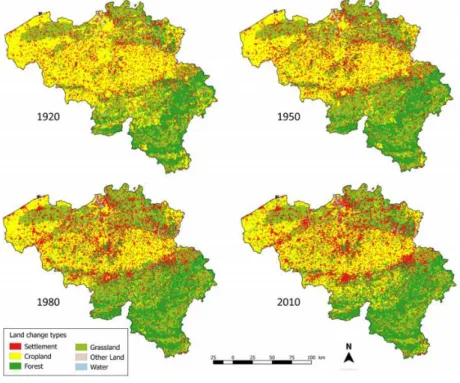 FIG 2 Evolution du paysage belge entre 1920 et 2010 (Fuchs et al., 2013 &amp; 2014 in Drossart et al., 2019)