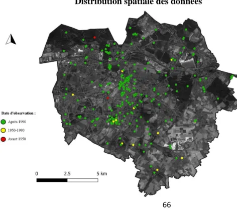 FIG 11 Couverture  géographique de  l’inventaire. En  vert : observations  ultérieures à 1990,  en jaune, les  observations  comprises entre  1950 et 1990, en  rouge : les  observations  antérieures à 1950