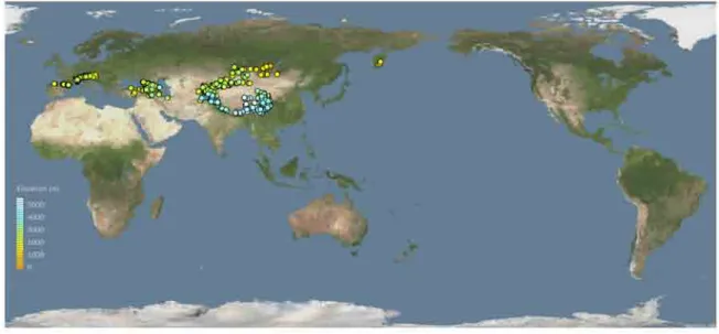FIGURE 9. Map of the global distribution of sites from which samples of the subgenus Mendacibombus have been examined  (these bees are unknown from any other regions)