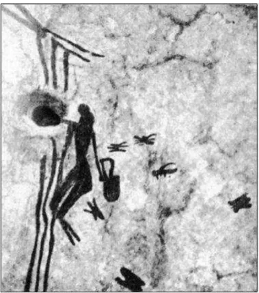 Figure  1.  Peinture  néolithique  rupestre  de  la  Cueva  de  la  Araña  (Valence,  Espagne  ;  -5000  av