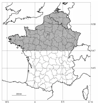 Figure 2. Délimitation de la zone étudiée (Belgique et France au nord du 47 ème  Parallèle)