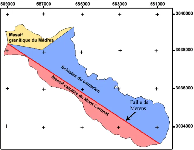 Figure 7. Géologie de la commune de Nohèdes (schéma original). Le dessin de la faille de Merens est approximatif