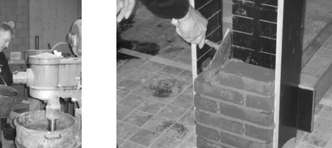 Figure 4.2: Mason choosing the water content for a mortar mix in the first section of the practical tests, and production of masonry columns with the tested mortar.