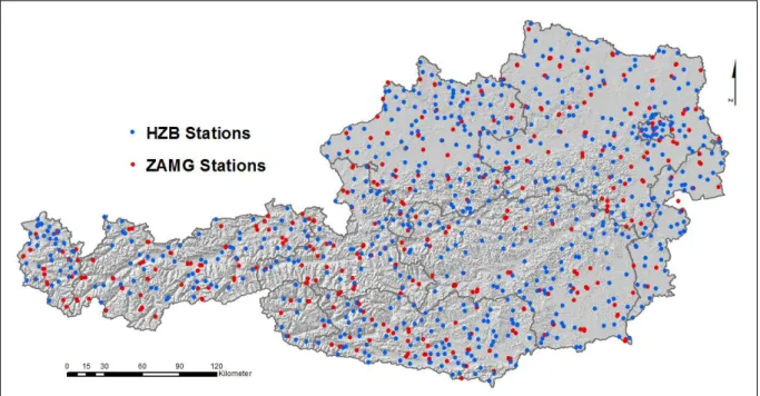 Abbildung 19: Räumliche Verteilung von HZB- und ZAMG-Stationen mit Temperaturbeobachtungen 