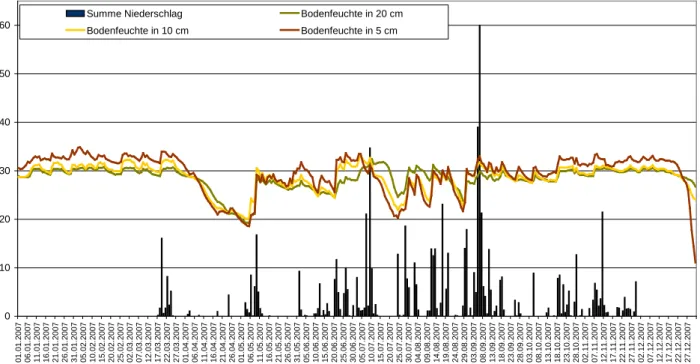 Abbildung 11: Vergleich der Niederschlagssumme (in mm) mit den Werten der Bodenfeuchte (in%) am Feuchtstandort Admont  im Vergleichszeitraum Jänner bis Dezember 2007