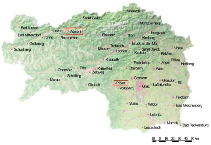 Abbildung 16: Übersichtskarte - Lage des Feuchtstandortes Admont und des Trockenstandortes Piber in der Steiermark